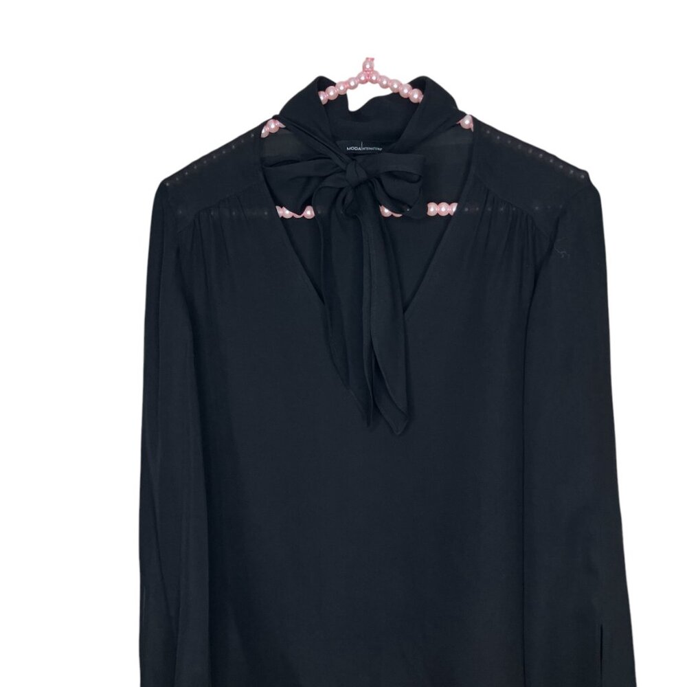 Vintage 90s 00s Y2K Moda International Victoria's Secret S Black Silk Bow Top - Picture 2 of 4